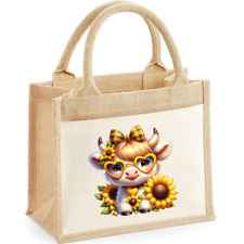 Personalised XL Jute Tote Bag Cute Highland Cow with Flowers Add your name/text