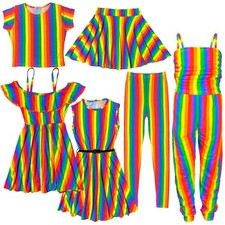 Kids Girls Rainbow Crop Top T Shirt Legging Off Shoulder Skater Dress 7-13 Years