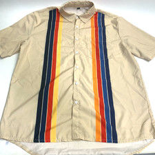 Cocktail Shirt Mens Large Tan Retro Bowling Style Metal Drink Buttons GUC