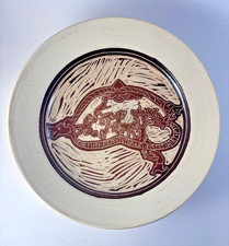 Sgraffito Pottery Bowl with Scene of Ragnarok Dragon Viking Runes Signed AO 2002