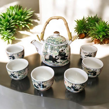 Chinese Tea Set - White Ceramic Giant Panda Pattern - 6 Small Cups - Gift Box