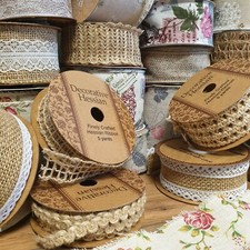 Premium Natural Hessian Ribbon Lace Vintage Floral Wired Plain Jute Burlap 1M