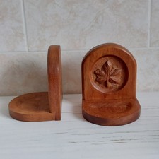 Vintage Wood Bookends Pair Hand Carved Maple Leaf Rustic Minimalist WEAR