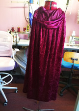 midi length wine coloured crushed velvet cloak with hood  (p102)