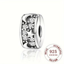 Pave Moon Star Clip S925 Sterling Silver Bead Charm for Women