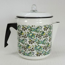 Vintage Enamelware Coffee Pot Vogue Columbian Green Yellow Floral with Basket