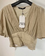 Zara Linen Cropped Blouse V neck Beige Ruffle Frill Sleeve Size L