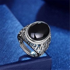 925 Sterling Silver Men's Adjustable Oval Black Stone Ring