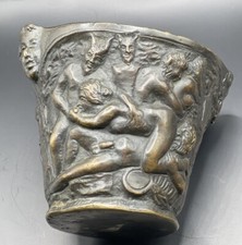 Antique Vase Mortar Rare Erotic Scene In Bronze