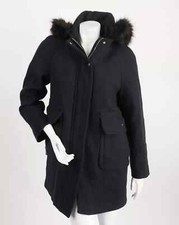 New Zara Women Navy Blue Wool Coat Jacket Faux Fur Hooded Pockets size M P31