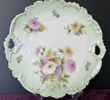Antique Bavarian China Germany Plate Soft Green &Gold Floral HandPainted Handles