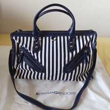 Roberta Gandolfi 2Way Shoulder Handbag Navy White Stripe Canvas US TAX Includ