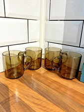 4 x Arc France Smoked Glass Mugs 1970s Retro Arcoroc Vintage 240ml
