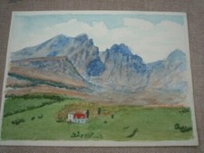 VINTAGE WATERCOLOUR PAINTING ORIGINAL  MOUNTAIN SCENE  SHIRE HORSE ON REVERSE