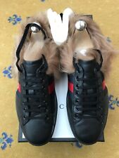 Gucci Ace Trainers Sneaker Shoes Fur Web Bee Black Leather Mens US 8 UK 7.5 41+