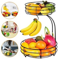 2-Tier Fruit Basket with Banana Holder Standing Daily Kitchen Modern Fruit Bowl