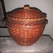 Vintage CHINESE WEDDING BASKET Dark Woven Bamboo with Wooden Handle