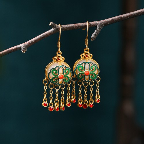 Natural jade flower earrings - natural,