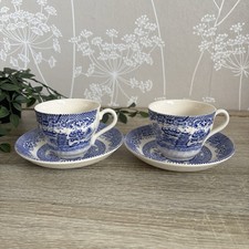 Vintage Blue Willow Pattern White & Blue Tea Cup & Saucer Set Of 2 Oriental