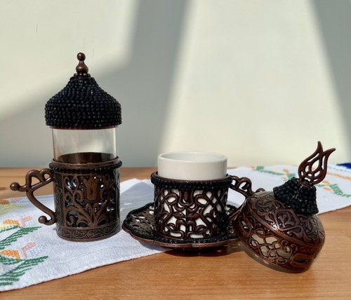 Dark copper turkish coffee set - turkish,