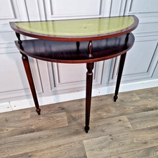 Vintage Console Hall Table Mahogany Demi Lune - Half Moon - Retro Green Leather