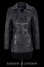 Women's Trench Classic Mid Length Double Breasted Lambskin Leather Jacket Coat