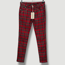 BANNED Apparel Womens Red Tartan Check Skinny Trousers Punk Goth Size L NEW bnwt