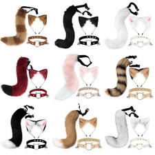 Plush Fake Fox Wolf Tail Masquerade Party Tail Set Animal Ears Headband  Women