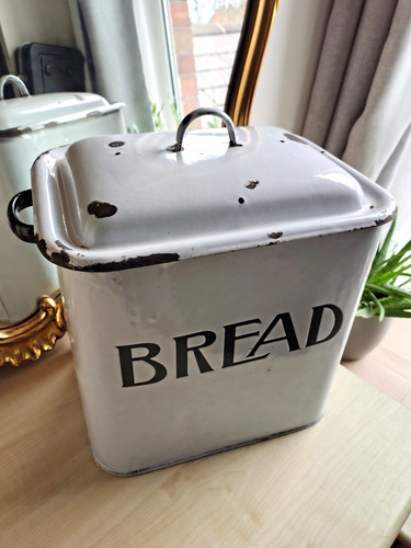 Vintage enamel bread bin 36cm - vintage,