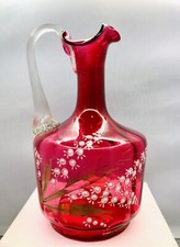 Victorian Cranberry Glass Jug with Applied White Enamel Flowers - c 7.75" - B17