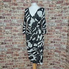 Michaela Louisa Dress Black White UK 10 Knee Length 3/4 Sleeve Faux Wrap Stretch