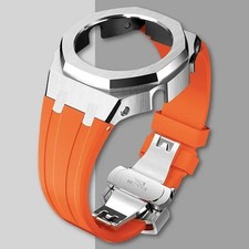 Casio G-Shock GA2100 Casioak Mod kit Orange rubber strap with Silver steel case.