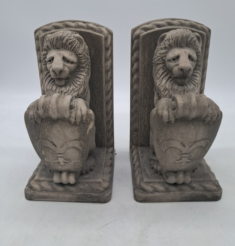 Pair cast stone lions - of,