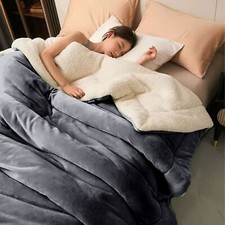 Grey Fleece Sherpa Blanket Soft Warm Reversible Bed Sofa Throw Winter Blankets