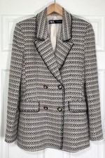 Zara Women's Cream Navy White Tweed Cotton Blazer Jacket Padded Size S