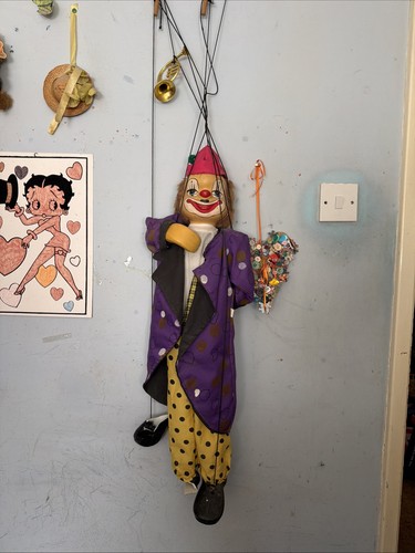 3ft wood porcelain clown - wood/porcelain,