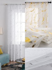Voile Curtain Gold Silver Foil Printed Marble Design Linen Effect - Single Panel