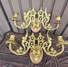 PAIR antique bronze piano candle holder winged caryatid lady figural decor