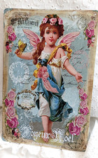 Shabby Chic Cottage Victorian Christmas Cherub Pink Roses Angel Tin Sign Picture
