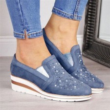 Womens Slip On Pumps Shoes Ladies Wedges Rhinestone Casual Loafers Trainers Size