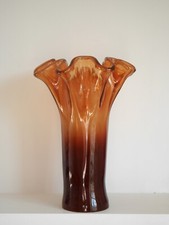 Vintage Art Glass Murano Style Amber Glass Vase, Ruffled Top, Mid Century Style