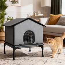 Outdoor Cat House, Waterproof Insulated Cat Kennel with Elevated Base, Grey