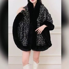 Elegant Sequin Cape Wrap with Plush Faux Fur in Black
