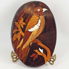 Inlaid Marquetry Vintage Wooden Wood Hand Painted Art Wall Hanging Picture Bird