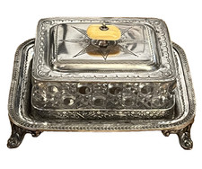Antique James Dixon & Sons EPNS Silver Plated Butter Dish with Glass & Ivorine