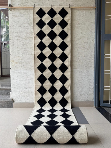 Checkered wool kilim runner - wool,