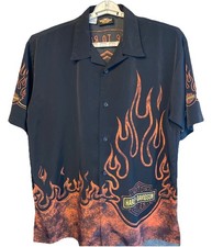 Harley Davidson Shirt Mens XL Black Orange Short Sleeve Button Up Flames Bowling
