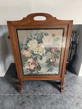 Antique Fire Screen Flower Tapestry Glass Panel Floral Framed Picture Of Roses