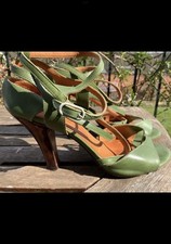 CHIE MIHARA VINTAGE DECO 30’s 40s GREEN LEATHER TORTOISESHELL SHOES HEELS 39 6