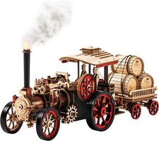 ROBOTIME Steam Engine 3D Wooden Puzzles Electric Vintage Car Model Building Toy